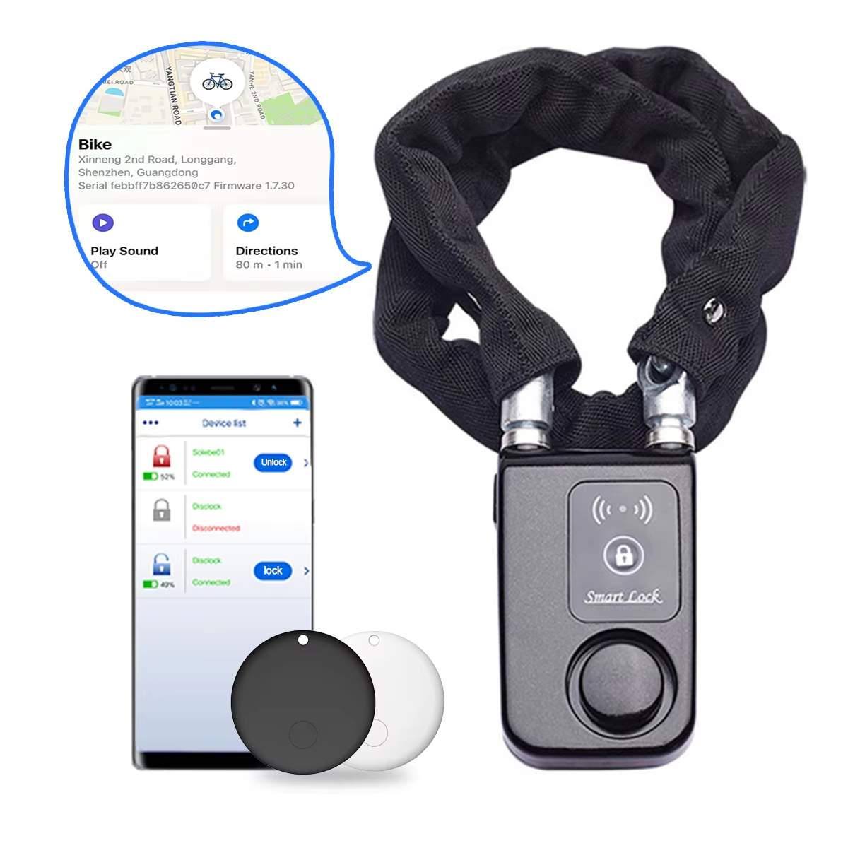 Commuter Bike Lock - 110dB Alarm Fietskettingslot met AirTag-sleuf IP55